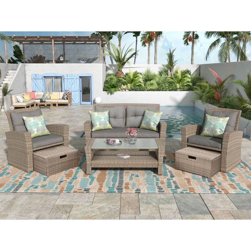 6pc Rattan Wicker Patio Sectional Set with Table & Cushions - Art Leon