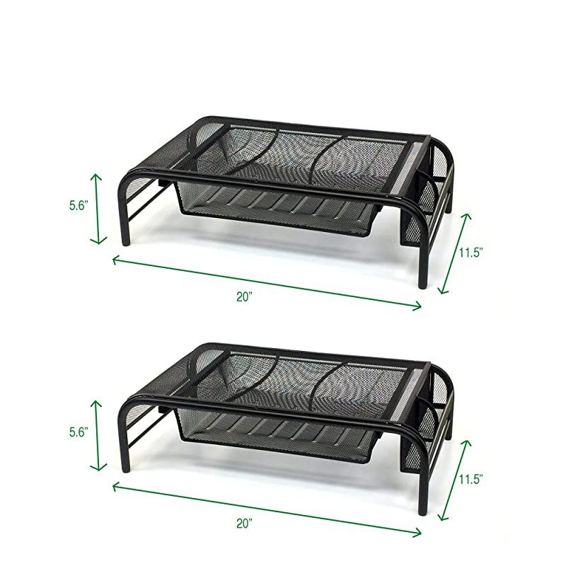 2MESHMON-BLK Metal Mesh Stand and Desk Organizer with Drawer, Monitor Riser, Black-2 Pack