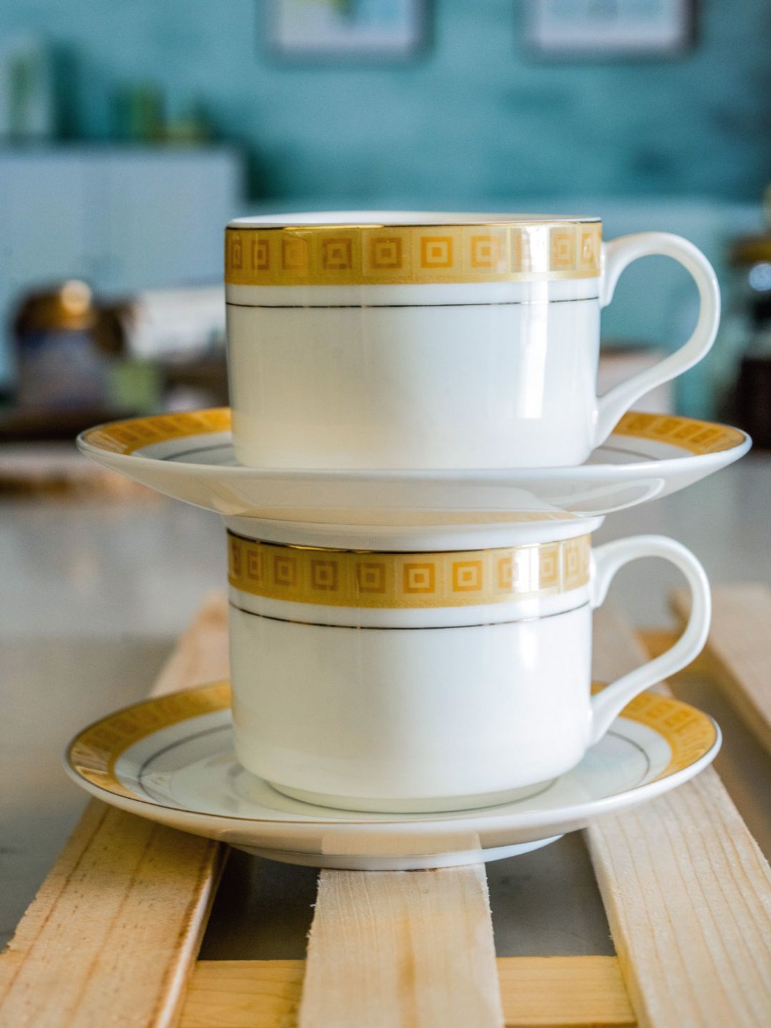 White Gold Printed White Porcelain Tea Cup & Saucer - Set of 6 (120ml)