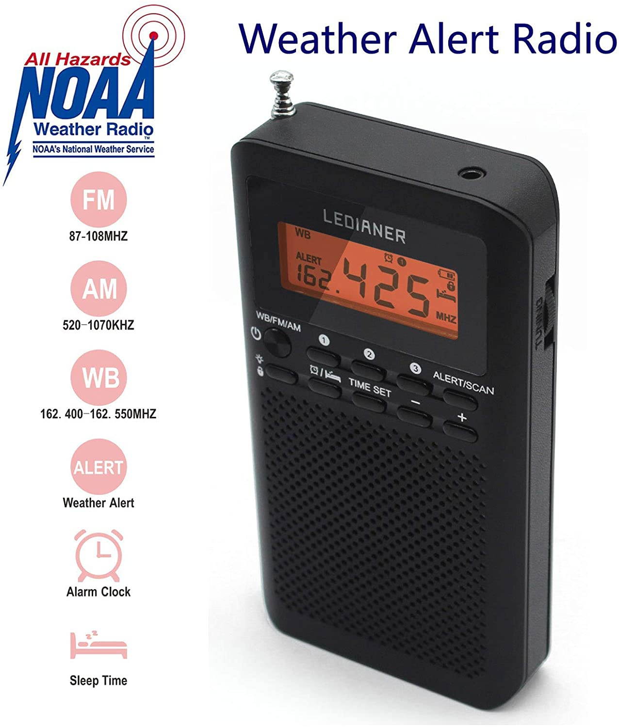 NOAA Weather AM FM Radio Portable Battery Operated by 2 AA Batteries with Stereo Earphone, LCD Display Digital Alarm Clock Sleep Timer,Best Reception,Built in Speaker Best Sound Quality(Black)