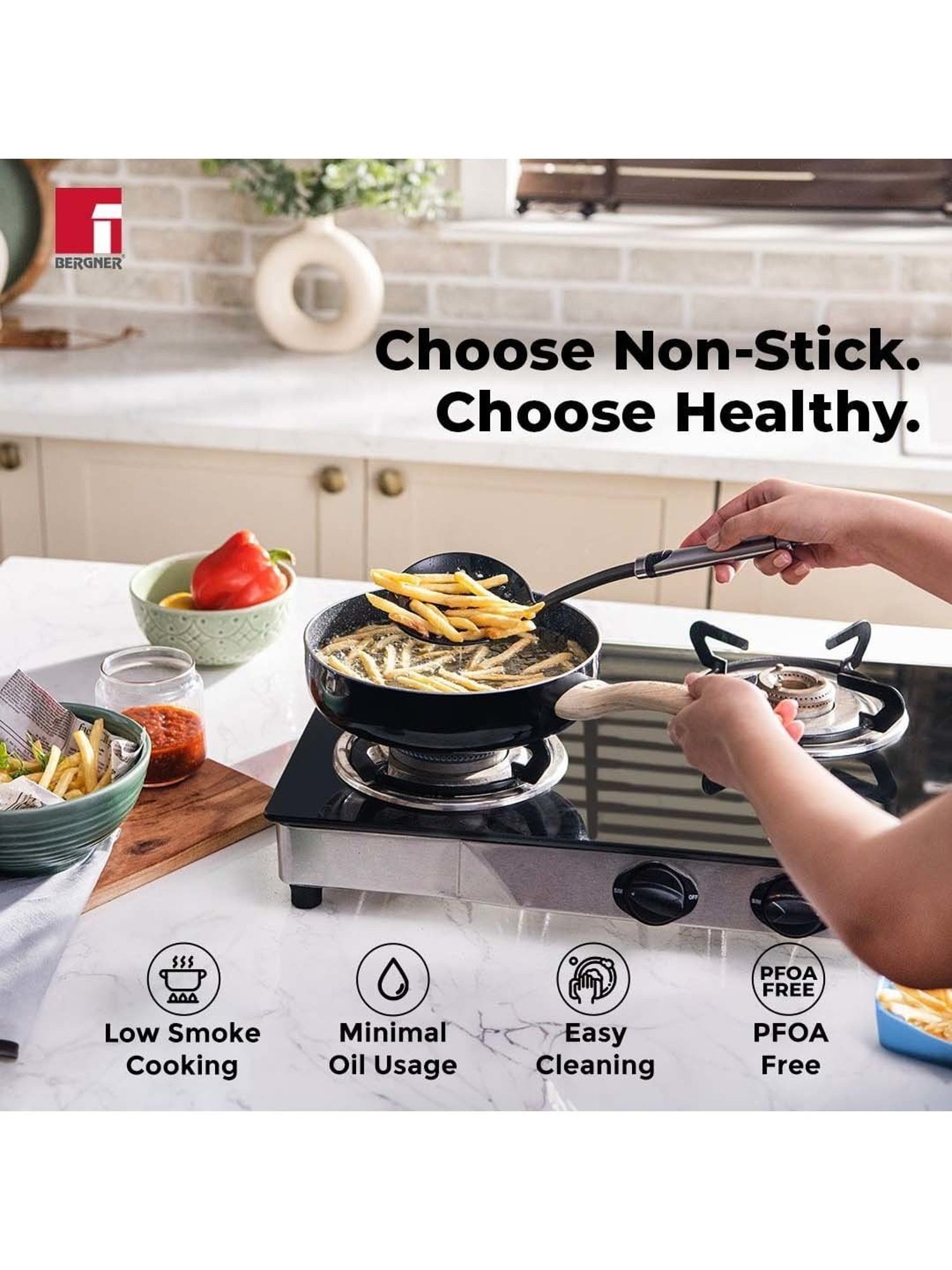 Bergner Bellini & Aura Black 20 cm Induction Deep Frypan With Wooden Finish Handle (1.8 L)