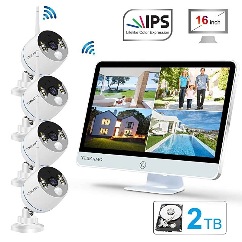 Long Range Wireless Outdoor Home Security Camera System with 16inch 1080p IPS Monitor 2TB Hard Drive [Floodlight & Audio] 3MP Spotlight IP Cameras 8CH WiFi Surveillance System 2 Way Audio