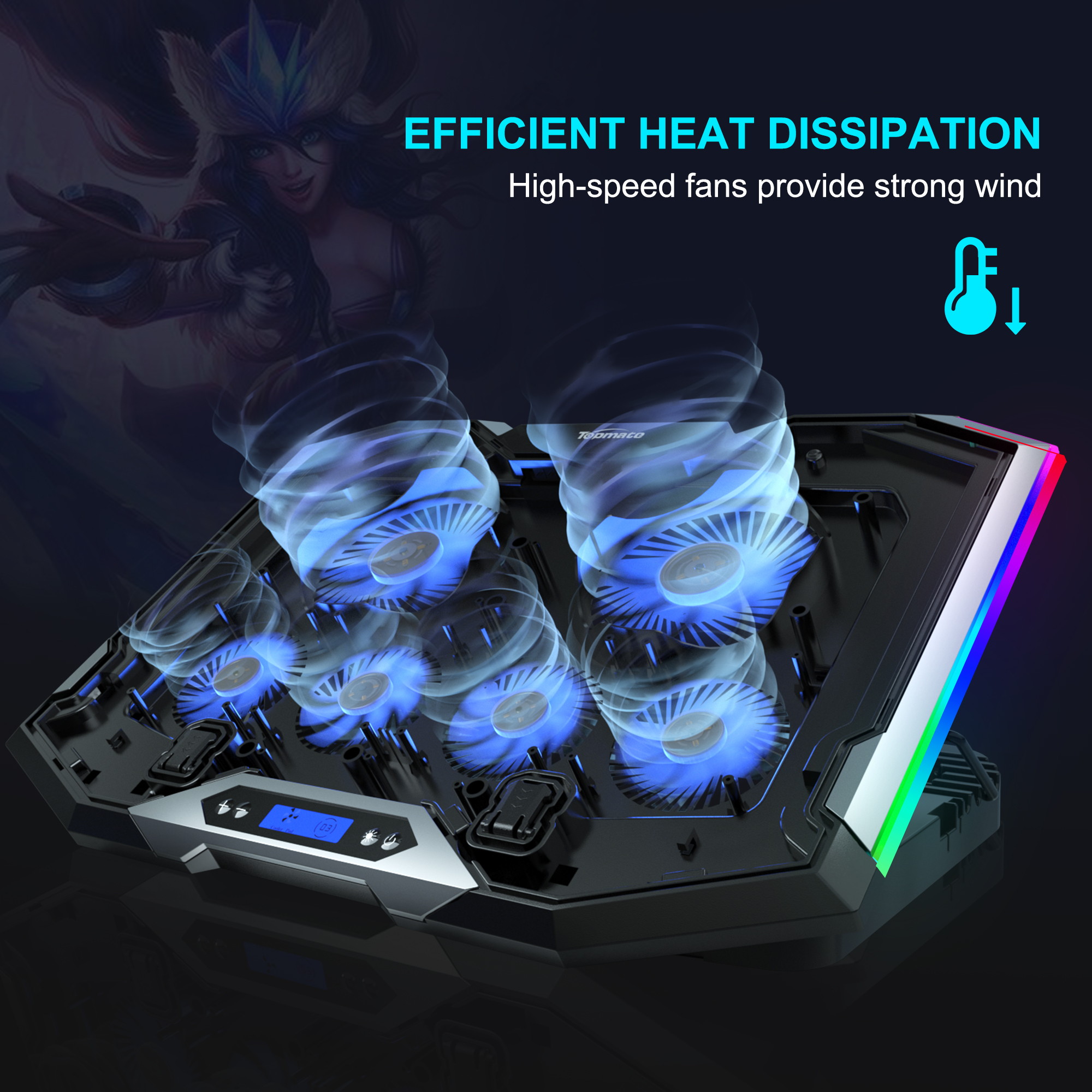 TopMate C11 Laptop Cooling Pad RGB Gaming Notebook Cooler, Laptop Fan Cooling Stand Adjustable Height with 6 Quiet Fans Blue LED Light, MacBook Chill Mat with Phone Stand, for 15.6-17.3 Inch Laptops