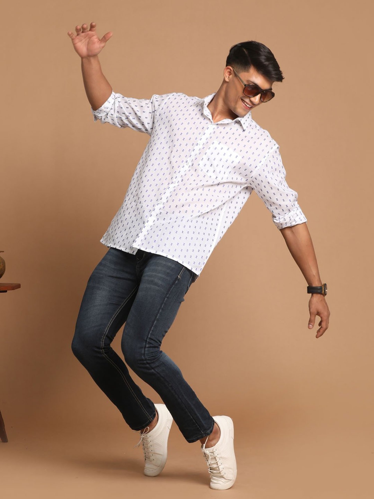 VASTRAMAY Sky Blue Regular Fit Self Design Shirt