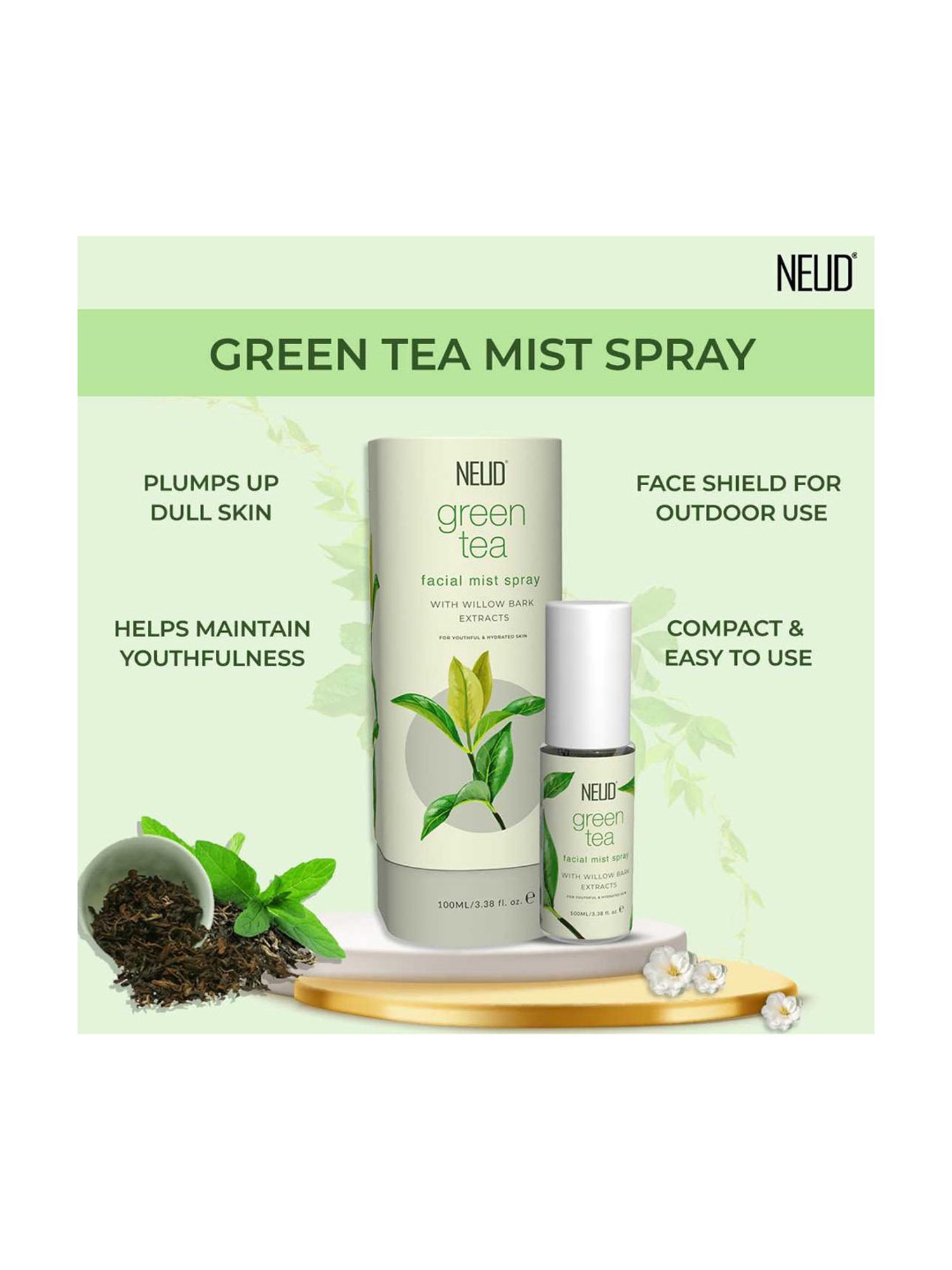 NEUD Green Tea Facial Mist Spray for Dehydrated & Irritated Skin - 100 ml Each (Pack of 2)