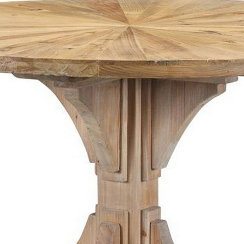 Round Sunburst Plank Top Dining Table with Pedestal Base Natural Brown - Benzara