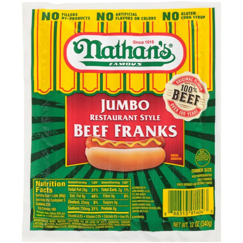 Nathan's Famous Jumbo Restaurant Style Beef Franks - 12oz/5ct