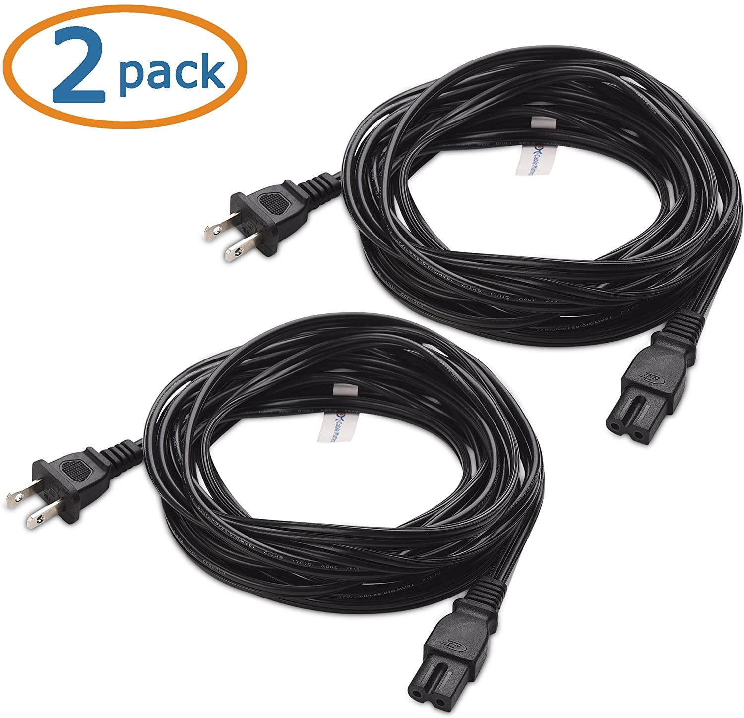 Cable Matters 2-Pack 2 Slot Polarized Power Cord (2 Slot Power Cable) 15 Feet (NEMA 1-15P to IEC C7)