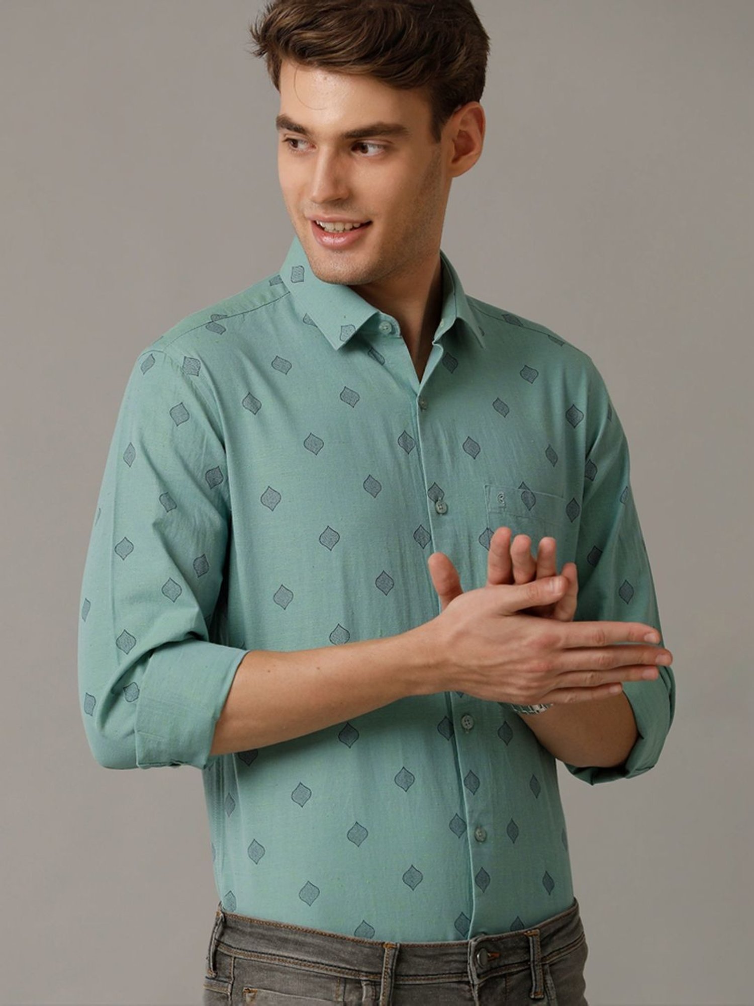 Cavallo By Linen Club Green Linen Contemporary Fit Printed Shirt