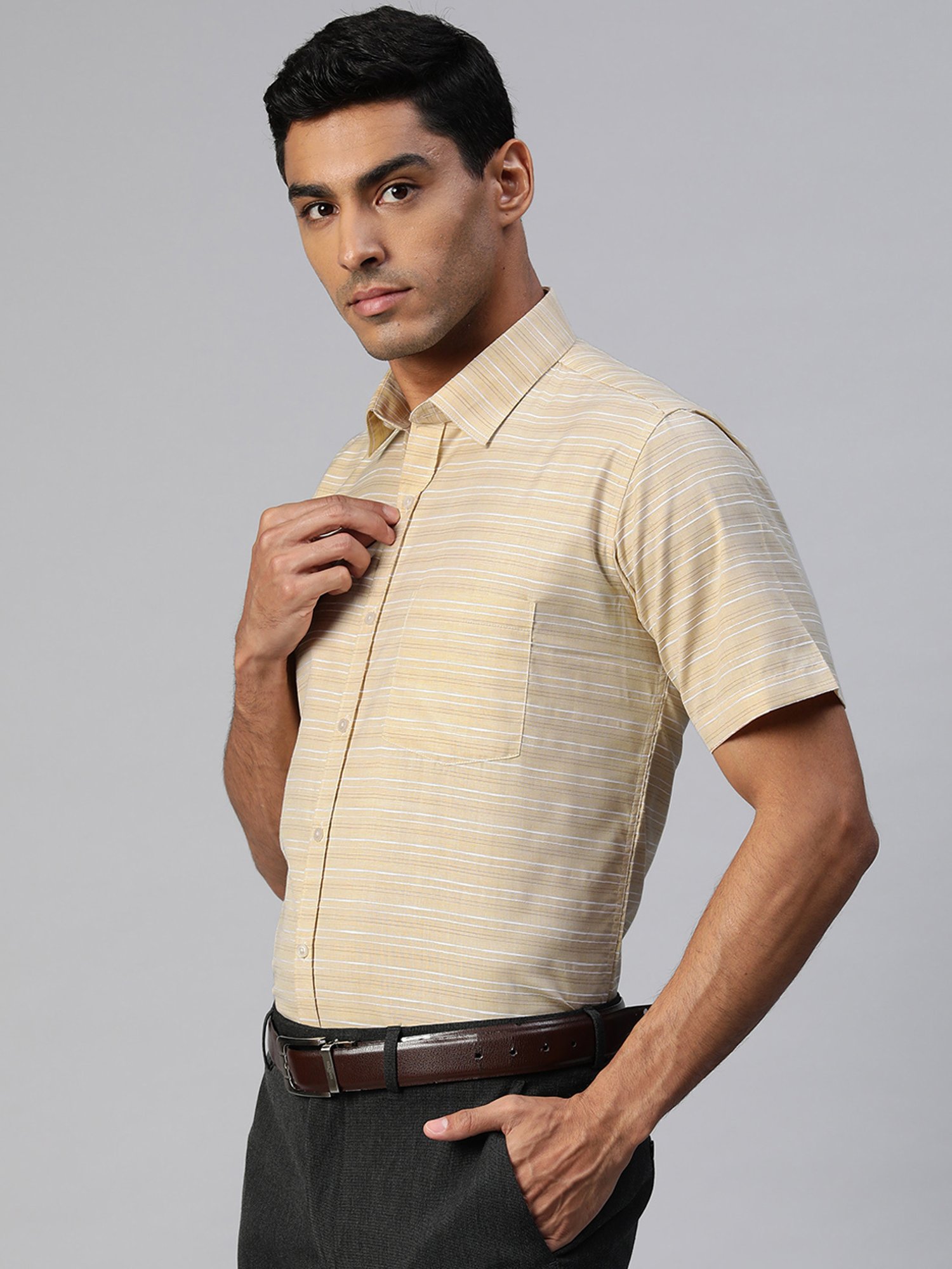 ManQ Beige Regular Fit Striped Shirt
