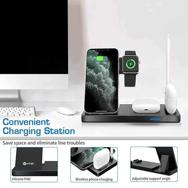 Updated Version,Wireless Charger 5 in 1, Wireless Charging Station for iWatch 6/5/4/3/2/1& AirPods3/2/1 & Pencil & iPhone 12/11/11 Pro Max/XR/XS Max/Xs/X/8/8P Black(No iWatch Charging Cable)
