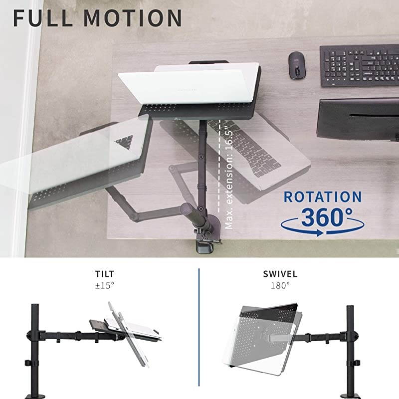 Single Laptop Notebook Desk Mount Stand - Fully Adjustable Extension with C Clamp (STAND-V001L)