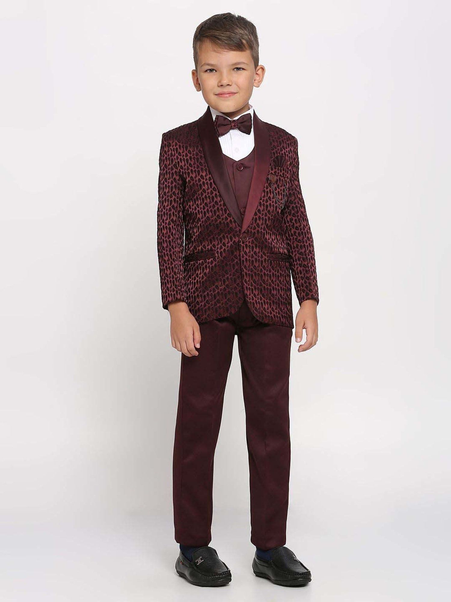 Kids Island Boys Maroon & White Jacquard Full Sleeves Suit Set
