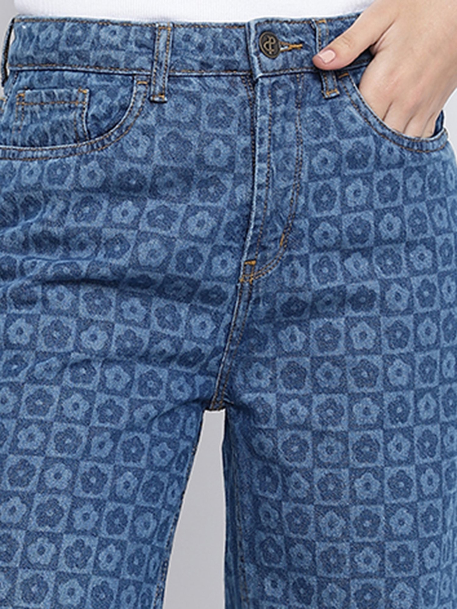 Tales & Stories Blue Printed High Rise Jeans
