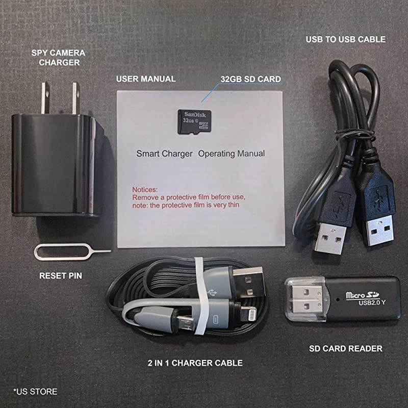 Camera Charger Hidden Camera 32 GB SD Card Included Premium Pack Hidden Cam Hidden Nanny Cam Mini Camera 1080p Hidden Cam USB Charger Camera Surveillance Camera Full HD
