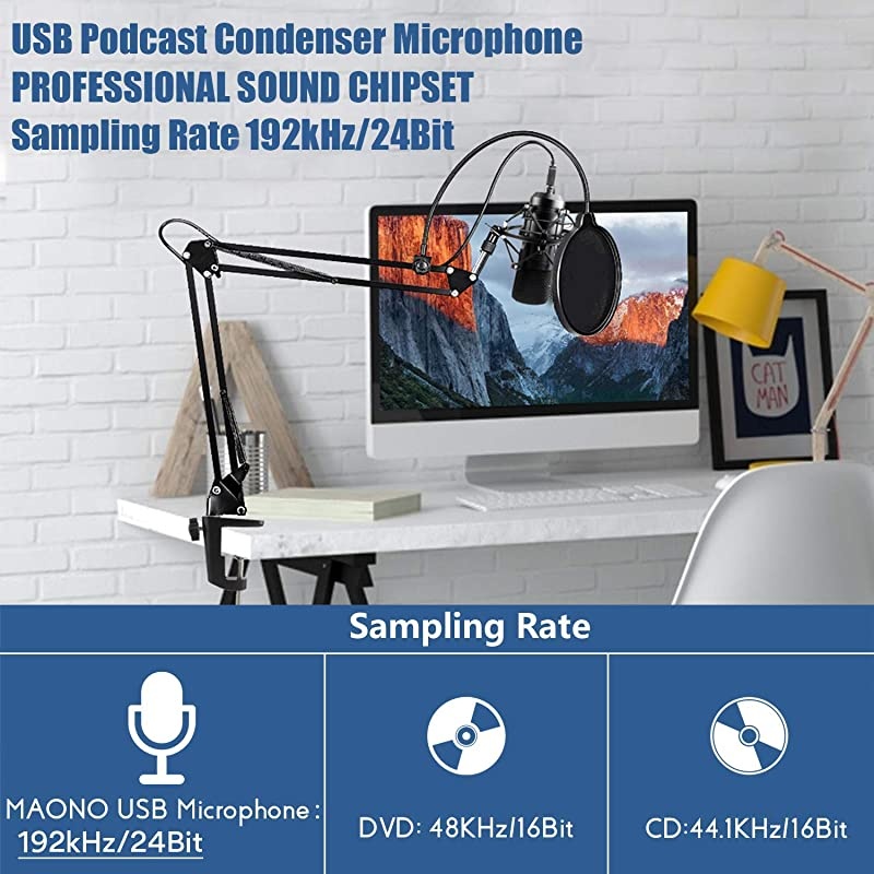 USB Microphone Kit 192KHZ24BIT Plug Play  AUA04 USB Computer Cardioid Mic Podcast Condenser Microphone with Professional Sound Chipset for PC Karaoke YouTube Gaming Recording