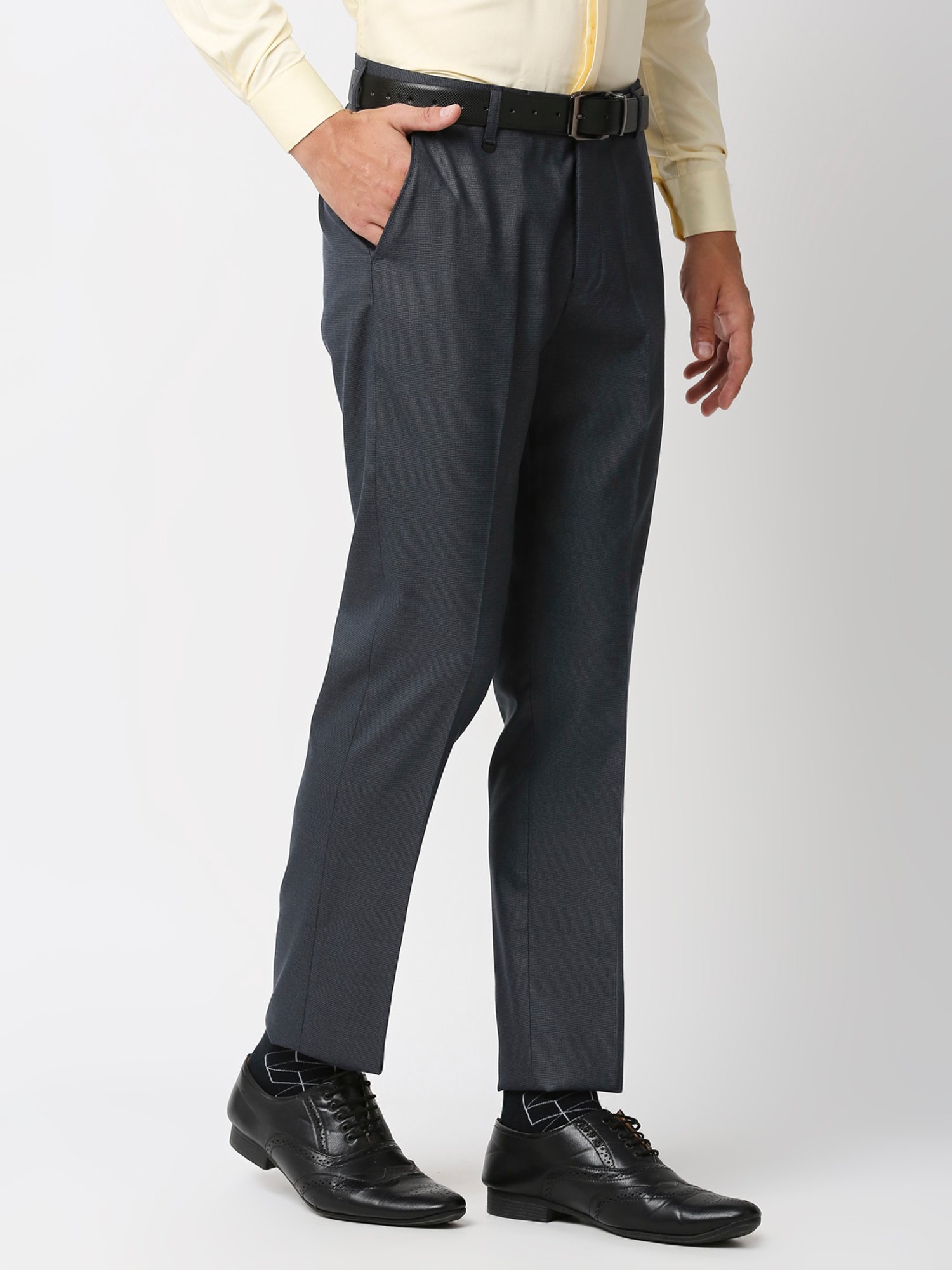 SOLEMIO Dark Blue Slim Fit Flat Front Trousers