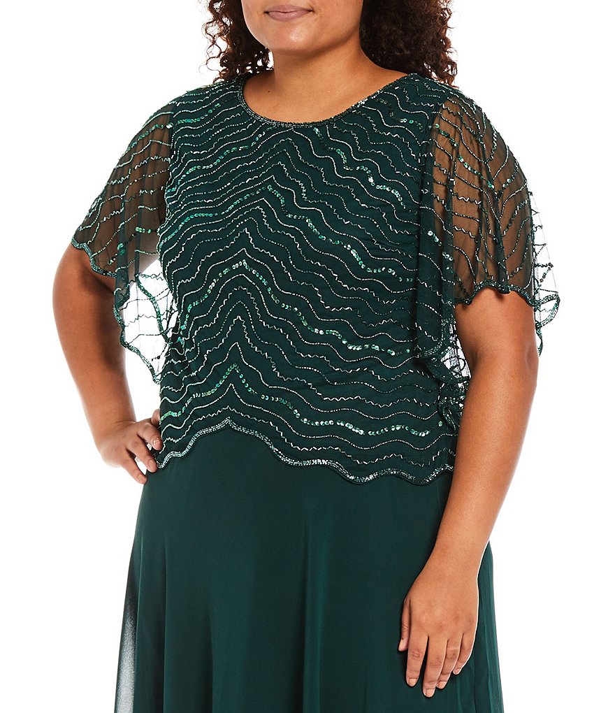 Jkara Plus Size Short Cape Sleeve Lined Round Neck Beaded Gown