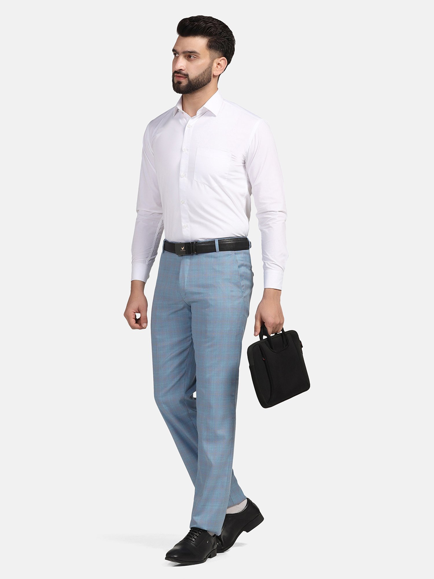 TAHVO Sky Blue Regular Fit Flat Front Trousers