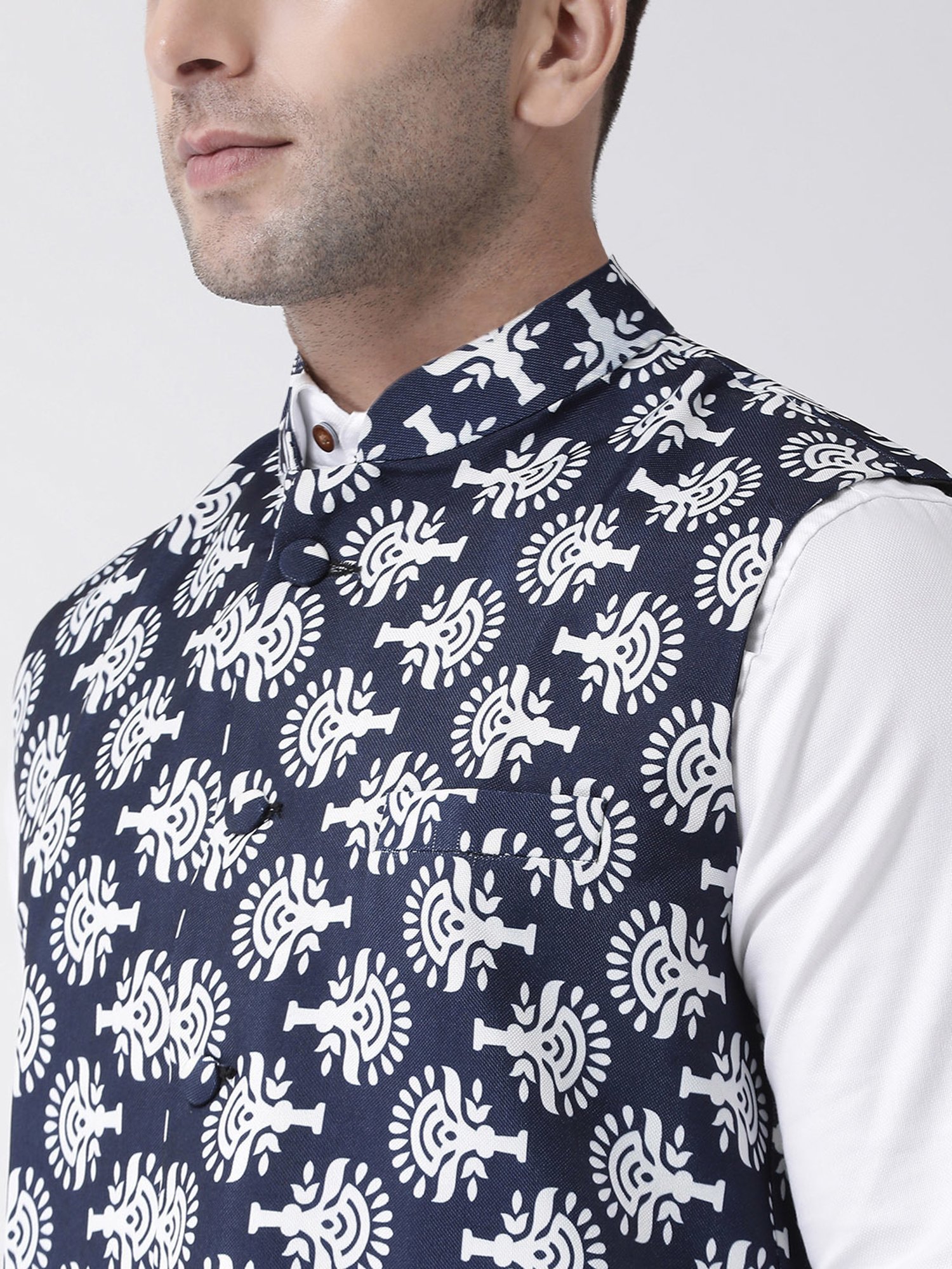 Hangup Plus Navy Regular Fit Printed Nehru Jacket
