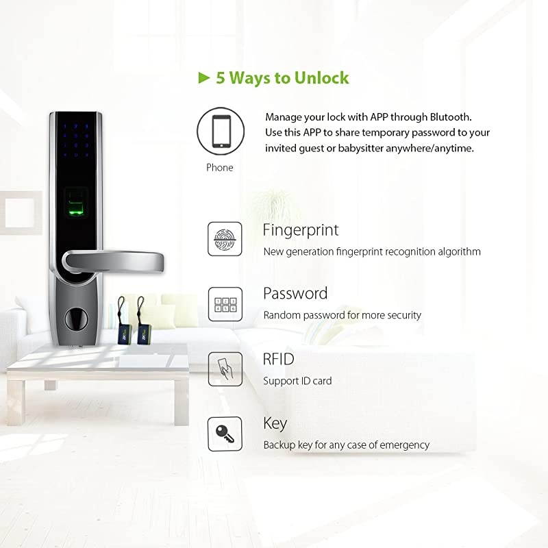 TL400B Fingerprint Biometric Door Lock with APP Digital Keyless Bluetooth Locks Smart Home Entry + 5pcs RFID Cards,Left Handed