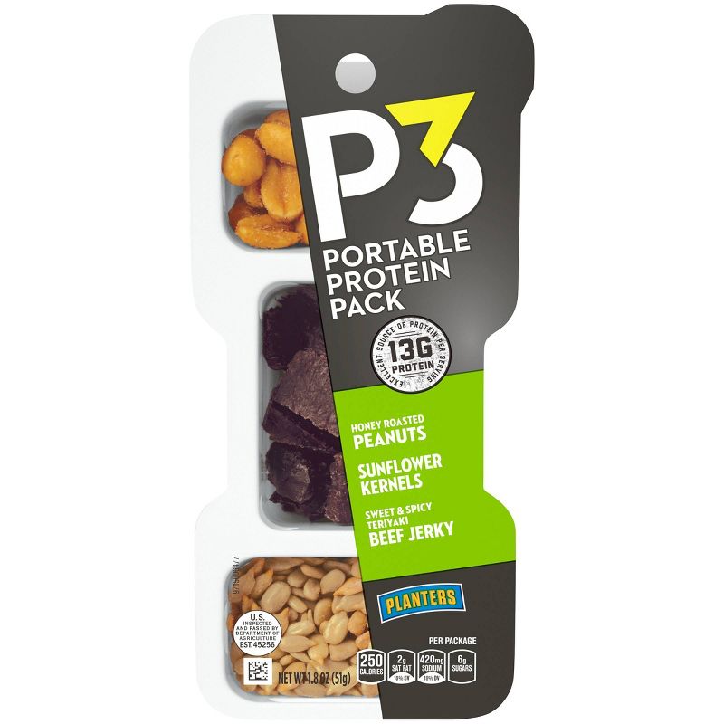 P3 Honey Roasted Peanuts, Sunflower Kernels & Sweet & Spicy Teriyaki Beef Jerky Portable Protein Pack - 1.8oz