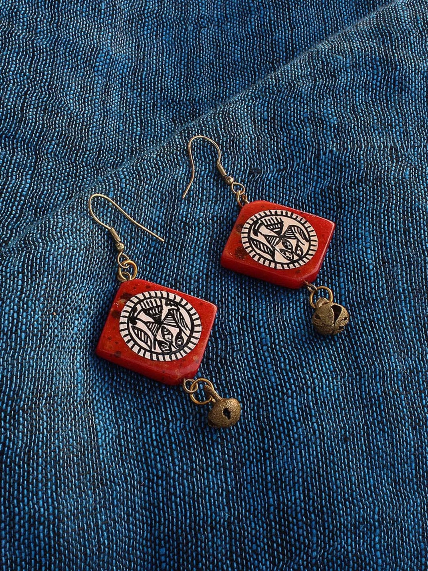 ExclusiveLane 'Tribal Warli Squares' Red & White Resin Earrings in Warli Art