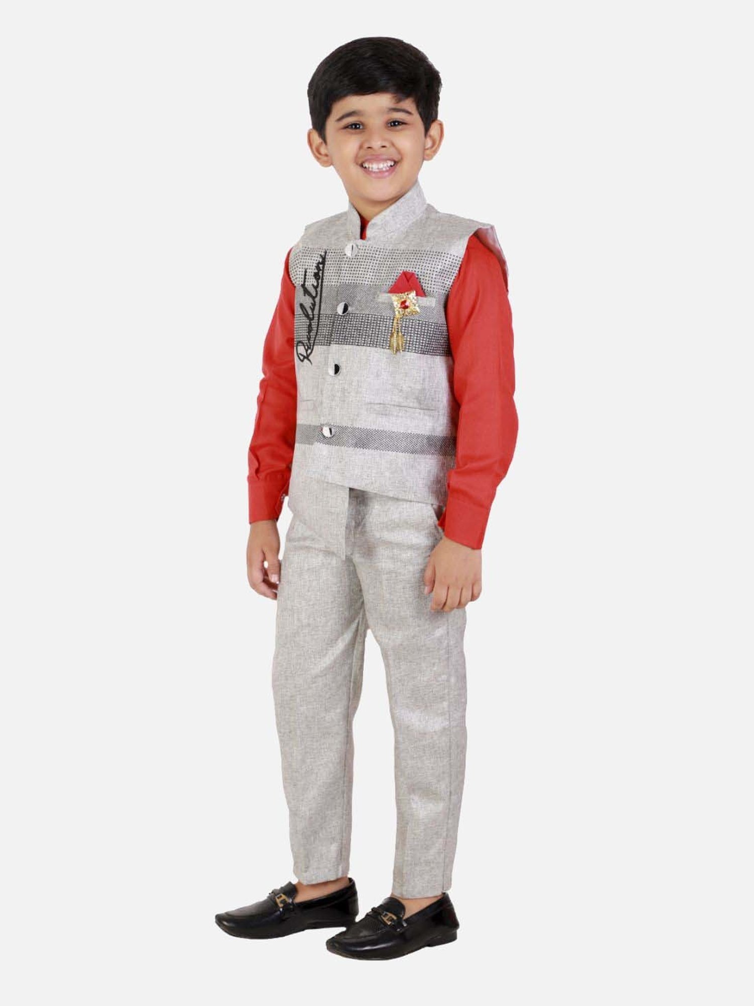 Fourfolds Boys Red Solid Full Sleeves Clothing Set