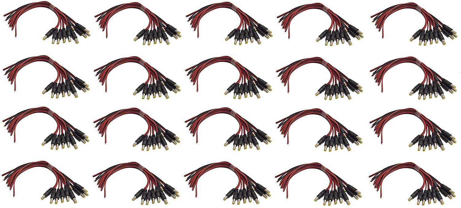 Evertech 200 Pcs 5.5 mm x 2.1 mm Yellow Tip DC Male End Jack Power Cable with Lead End Pigtail for CCTV Security Camera