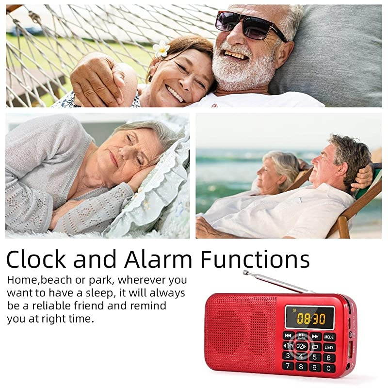J725C Portable Mini FM Radio Speaker Music Player USB Drive TF Card with LED Display Alarm Clock 3000 Rechargeable Battery NO AMRed