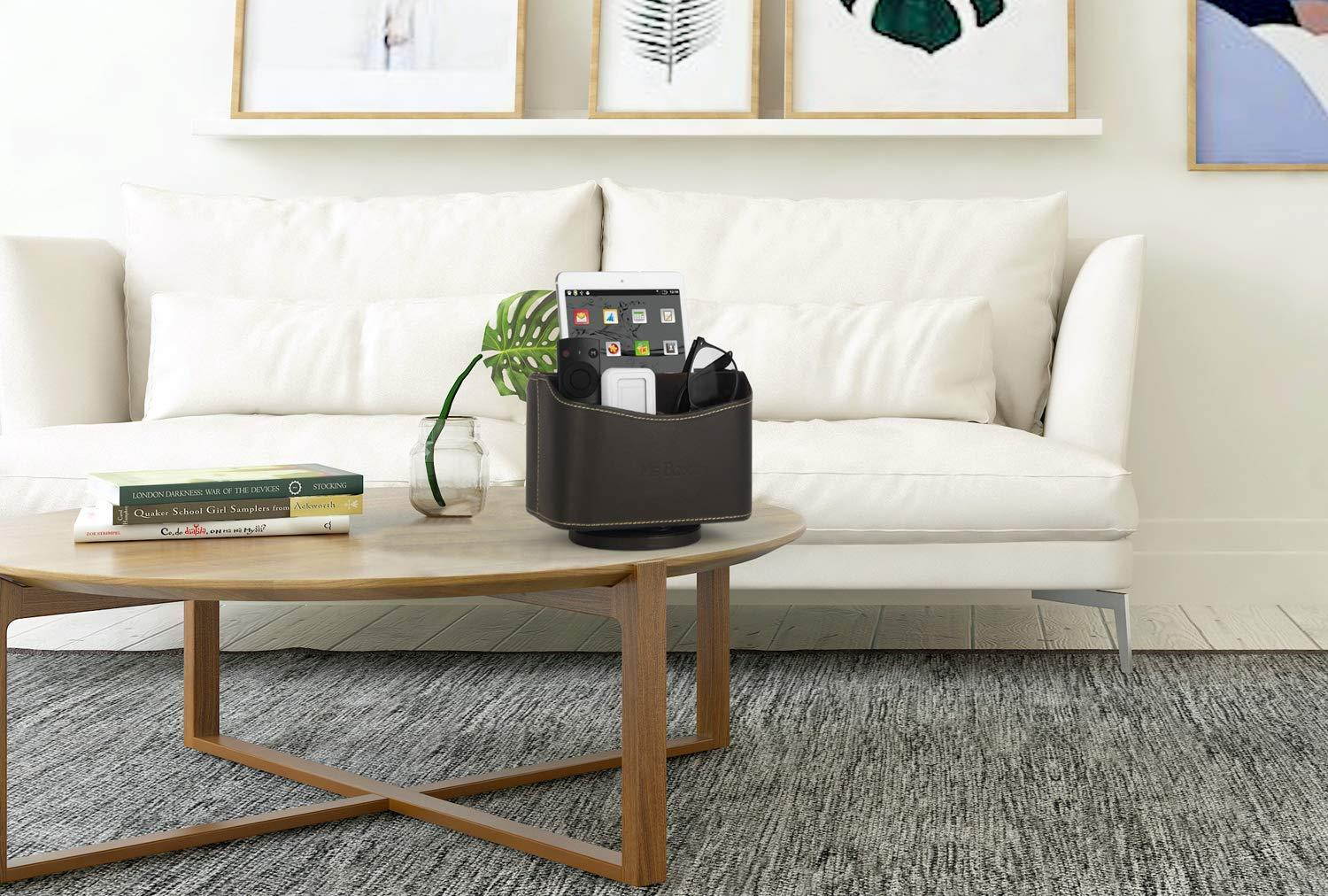 Spinning Remote Caddy, Media Storage Organizer, Remote Control Holder Organizer, Remote Caddy, Brown PU Leather, 7.3X 5.5 x 6 inches