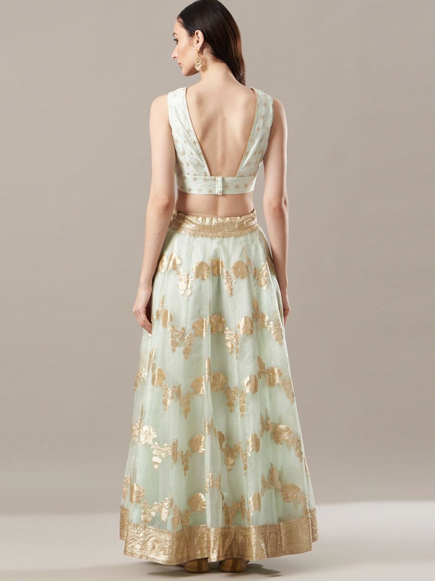 Geroo Jaipur Light Green Organza Banarasi Lehenga Set with Mukaish Dupatta