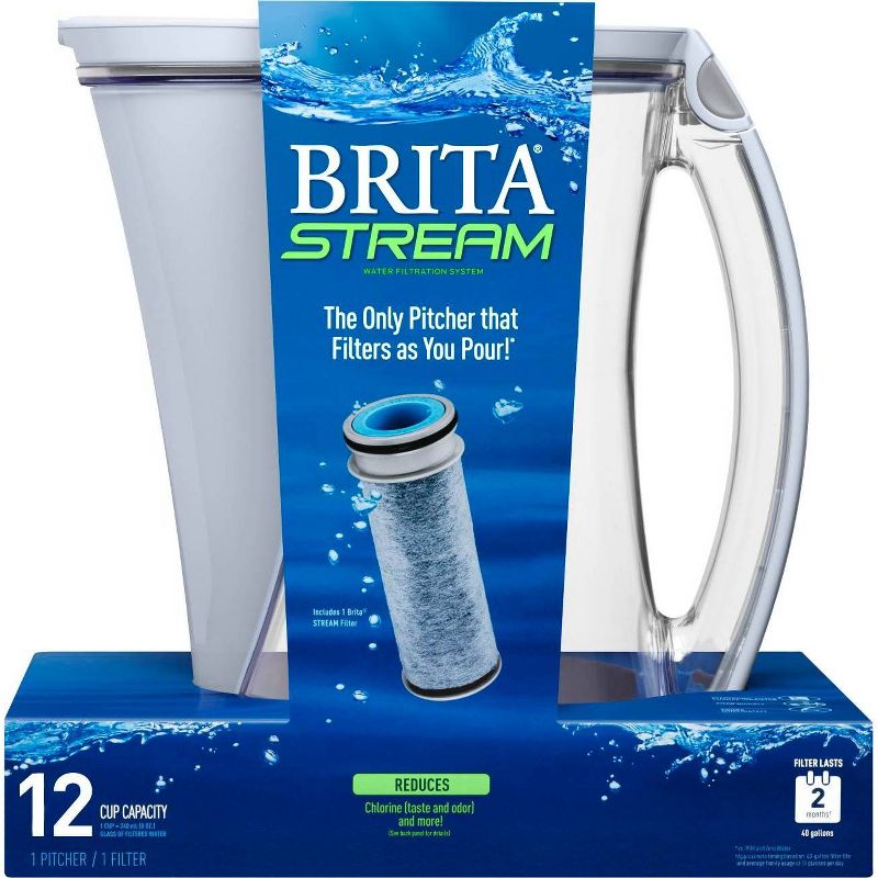 Brita 12-Cup Stream Filter As You Pour Water Pitcher with 1 Filter, Cascade - BPA Free – Ice