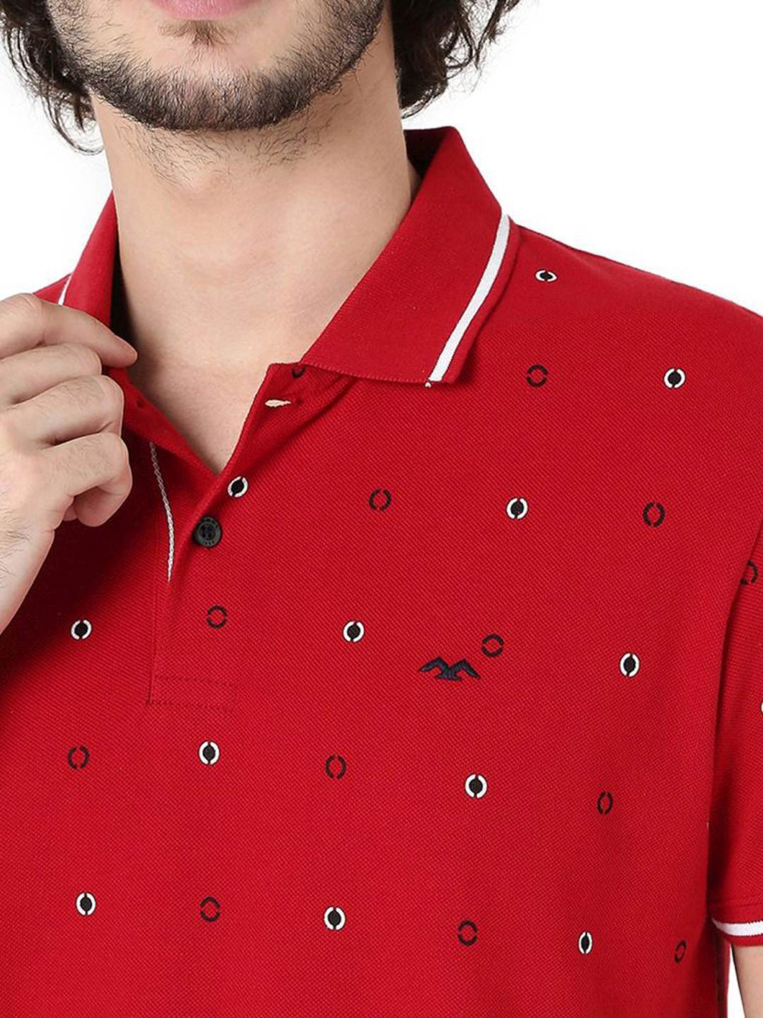 Mufti Red Cotton Slim Fit Printed Polo T-Shirt