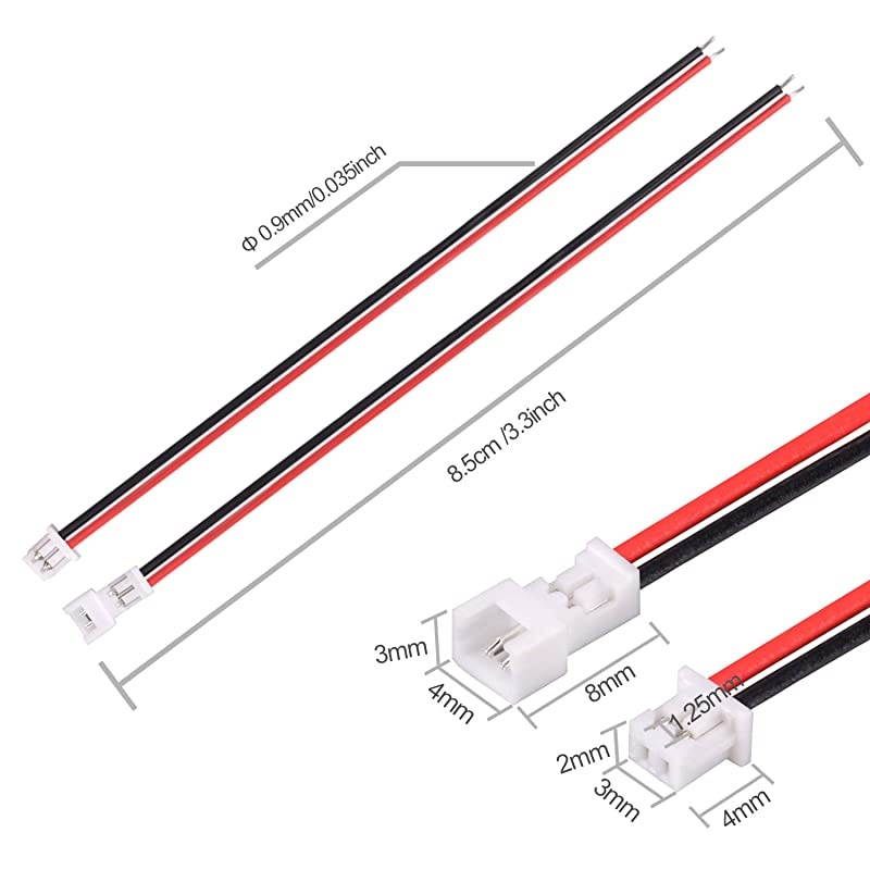 Pairs JST 125mm 2 Pin Micro Male Female Connector Plug 80mm Wires Cables