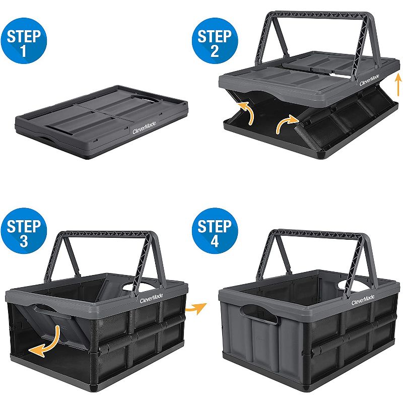 CleverMade CleverCrate Durable Plastic Stackable 32L Collapsible Shopping Basket, Neptune Blue (3-Pack)