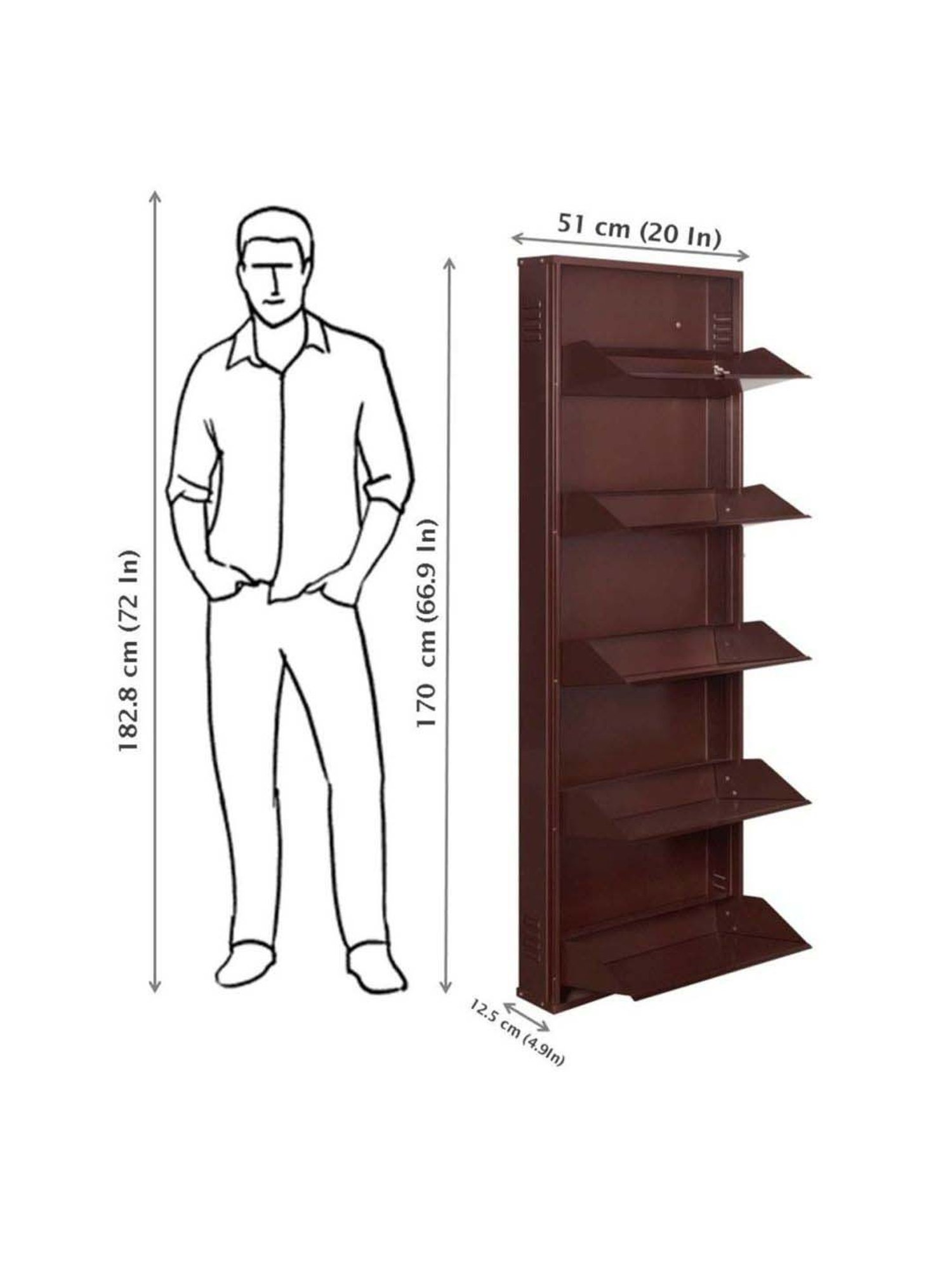 Delite Kom Metal Shoe Rack - 20" 5 Shelf, Coffee, PowderCoat, Wall Mount, DIY
