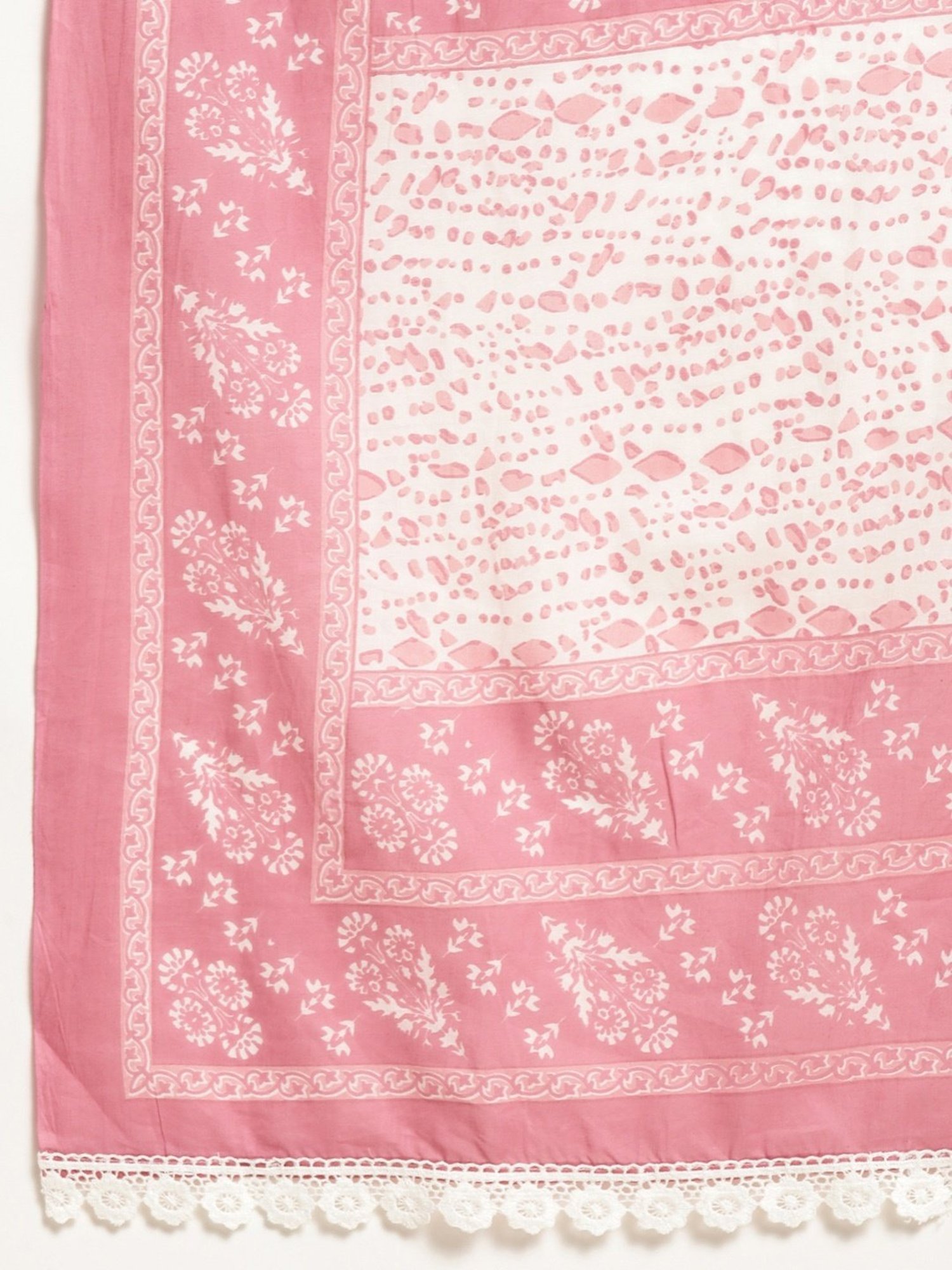 Rain and Rainbow Pink & White Cotton Printed Kurta Pant Set With Dupatta