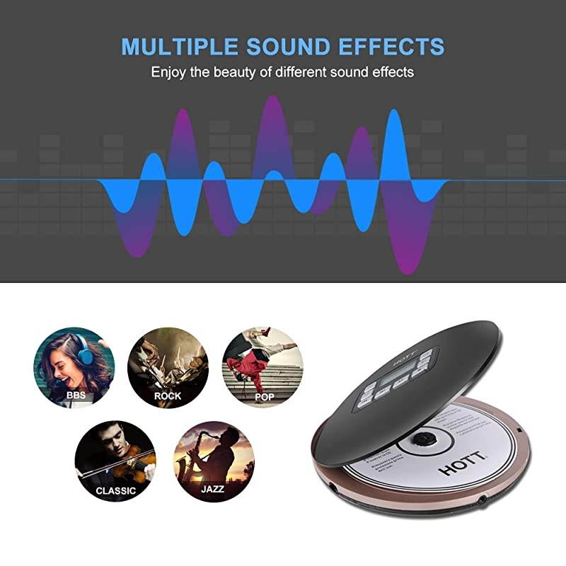 CD611T Bluetooth Portable cd Player for Home Travel and car with Stereo Headphones, Anti Shock Protection-Black