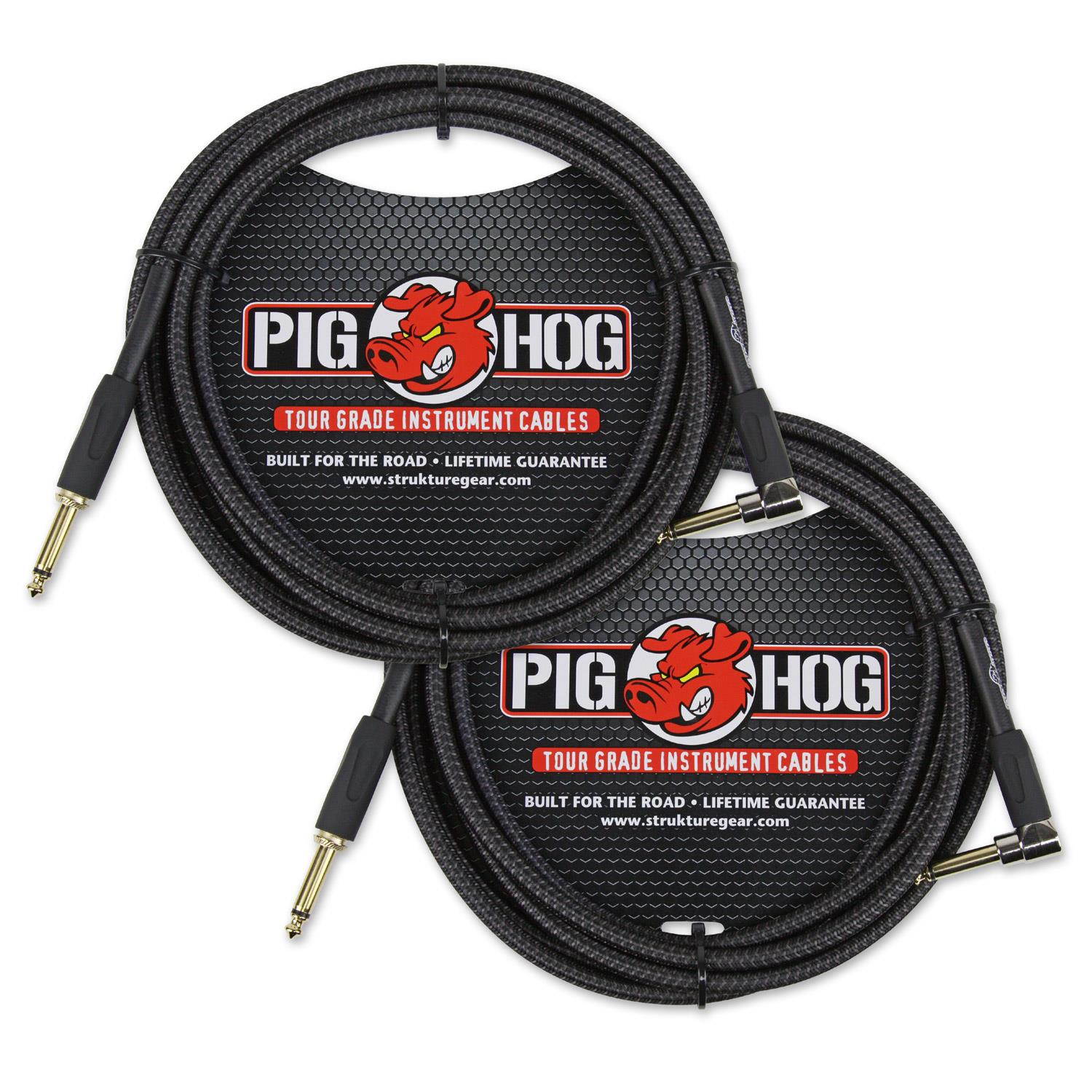 Pig Hog PCH10BKR Black Woven Instrument Cable, 10ft Right Angle (2-Pack)