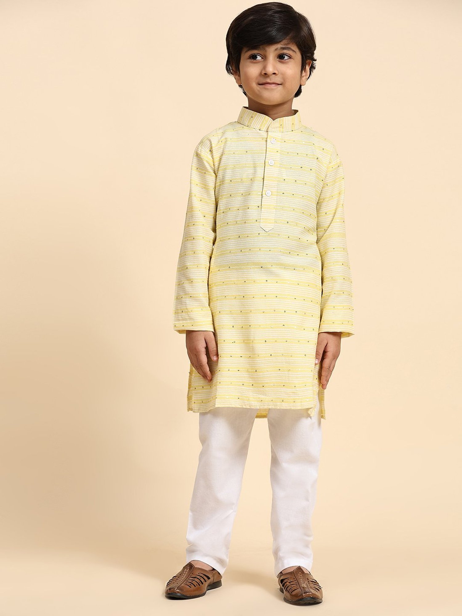 Pro-Ethic Style Developer Kids Yellow & White Embellished Full Sleeves Kurta with Pyjamas