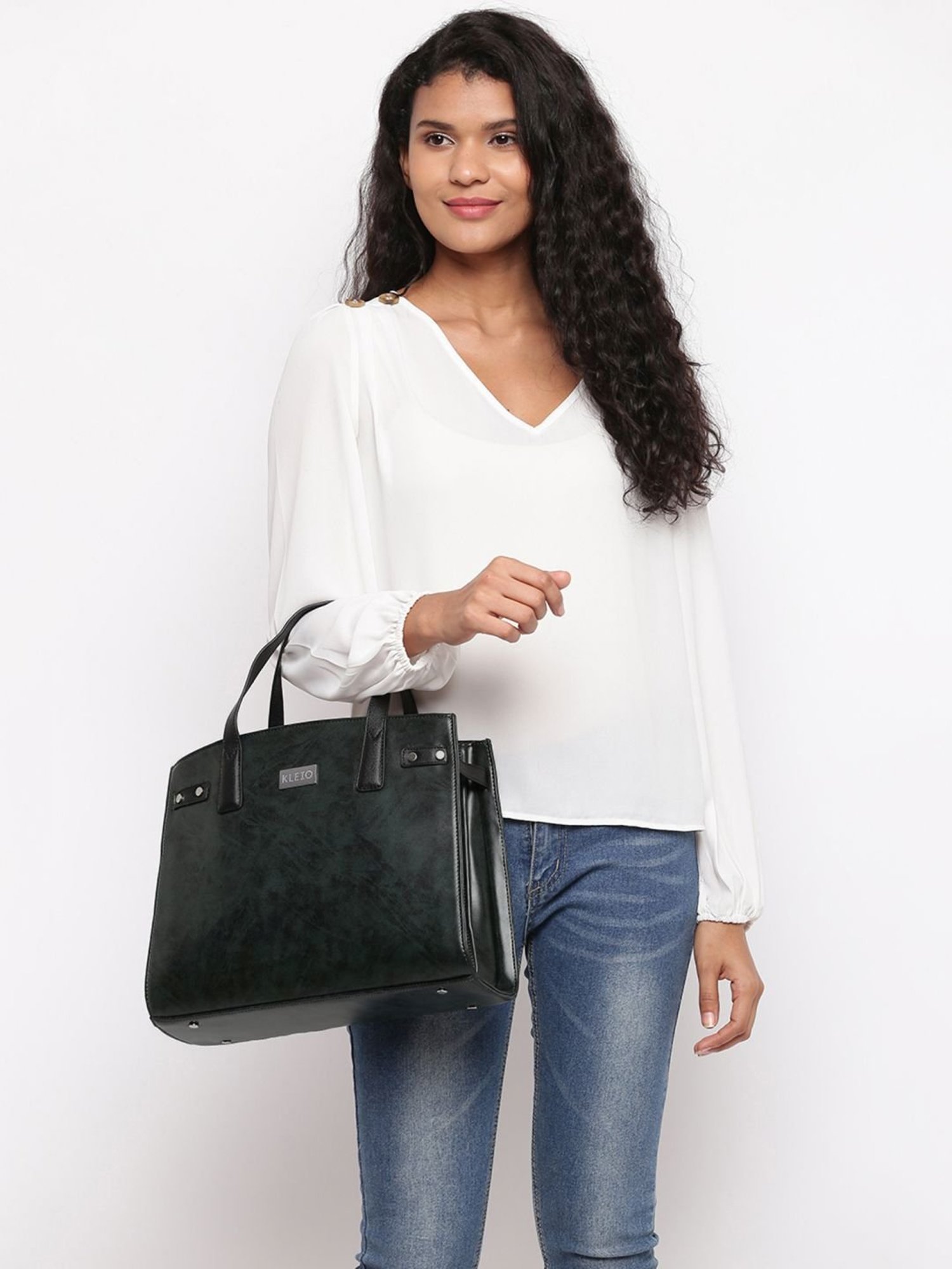 KLEIO Dark Green Solid Medium Handbag