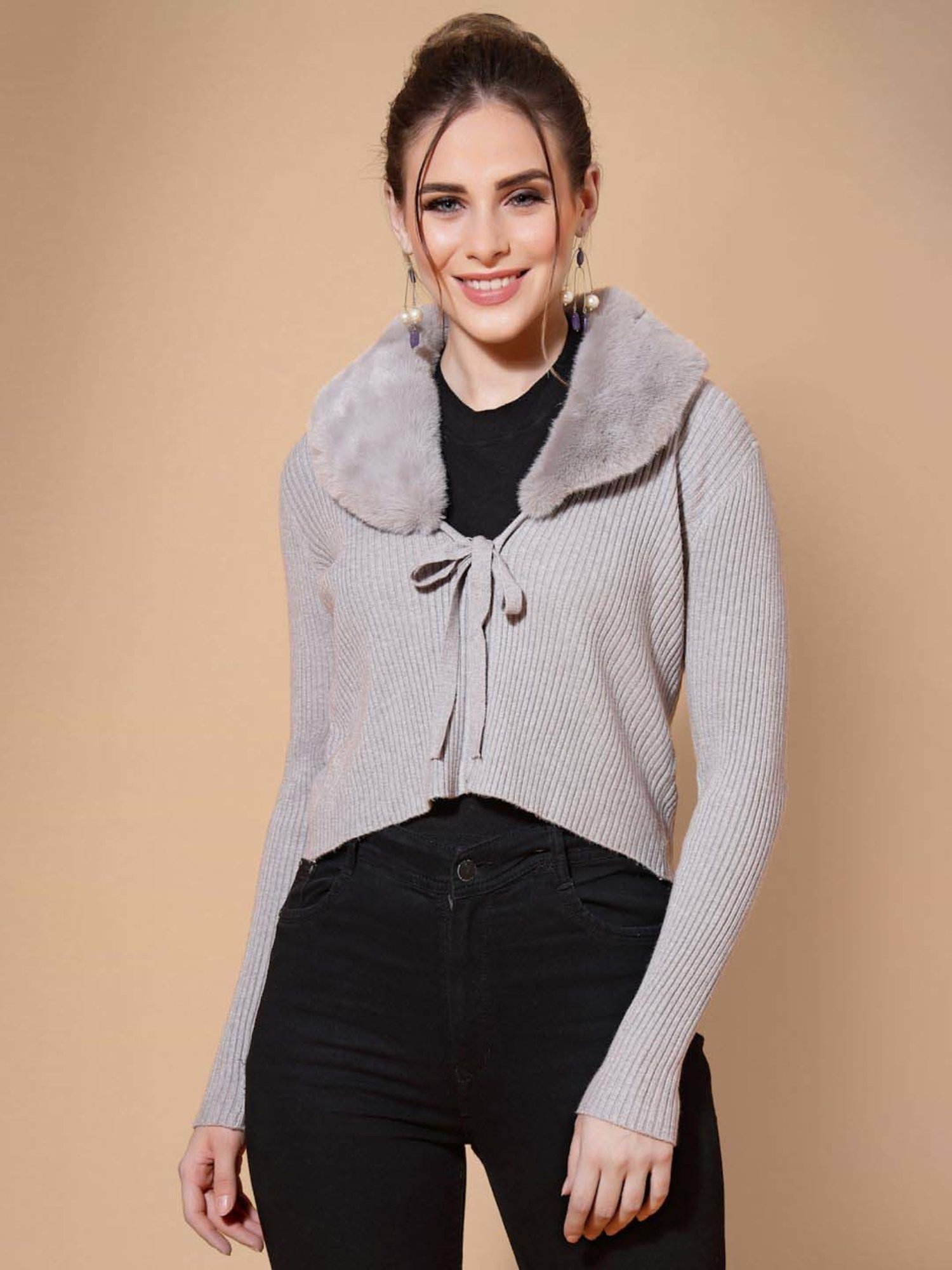 Mafadeny Grey Plain Cropped Cardigan