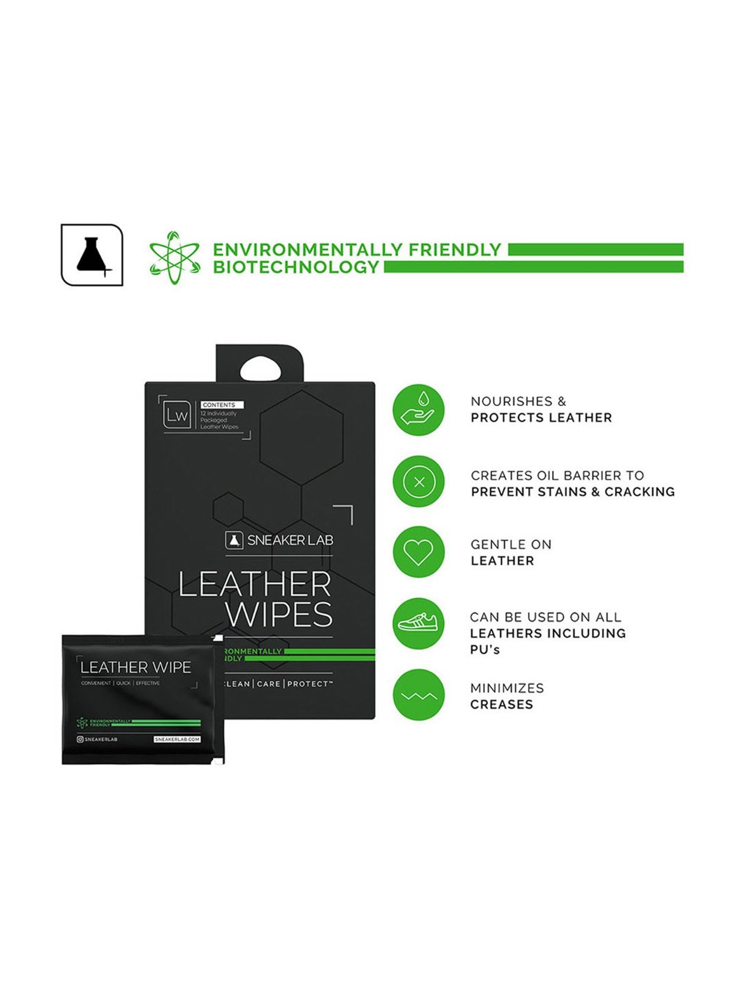 Sneaker Lab Environmentally Friendly Leather Conditioner & Cleaning Wipes - 12 Pack