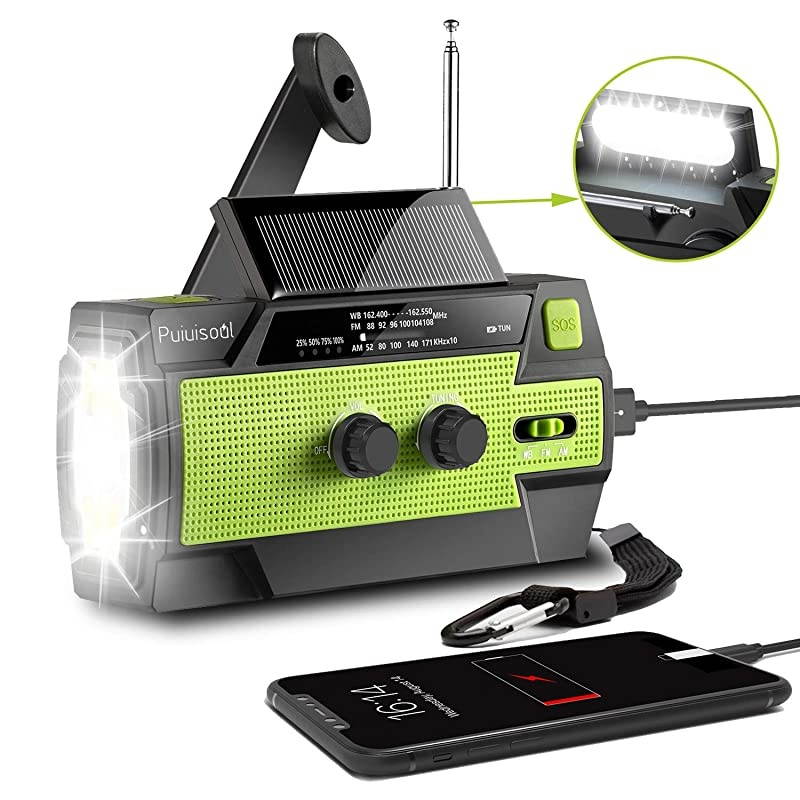 Newest EmergencyHandCrankRadio4000mAh Portable Weather Solar Radios with Motion Sensor Reading Lamp3 Gear LED FlashlightSOS AlarmCell Phone ChargerAMFMNOAA Green