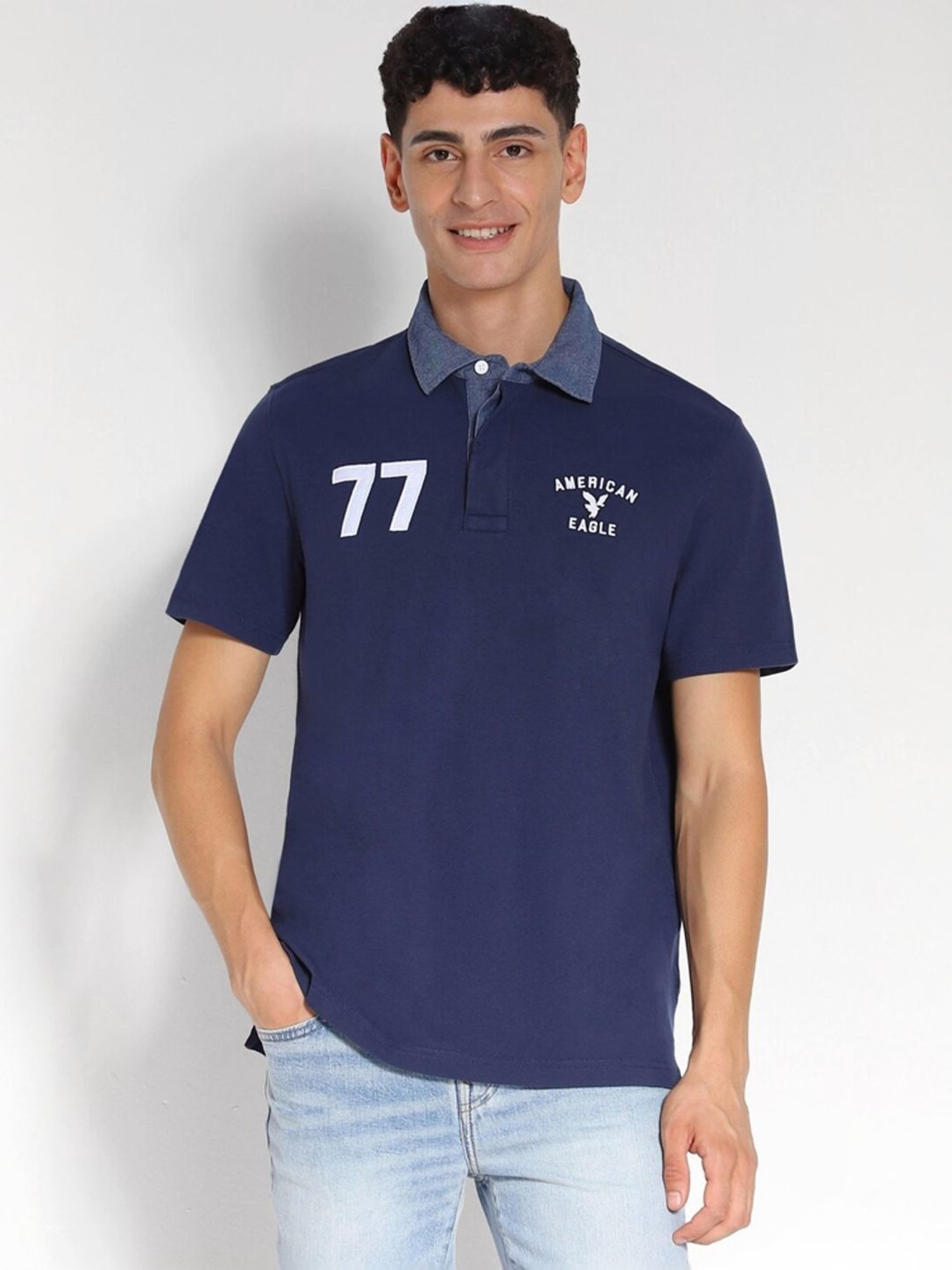 American Eagle Navy Cotton Regular Fit Printed T-Shirt