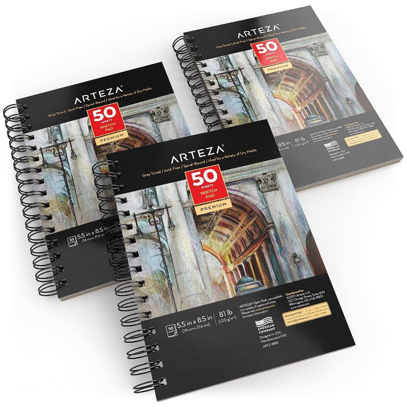 Arteza Sketchbook, 5.5" x 8.5", Gray Toned, 50 Sheets of Paper - 3 Pack (ARTZ-8893)