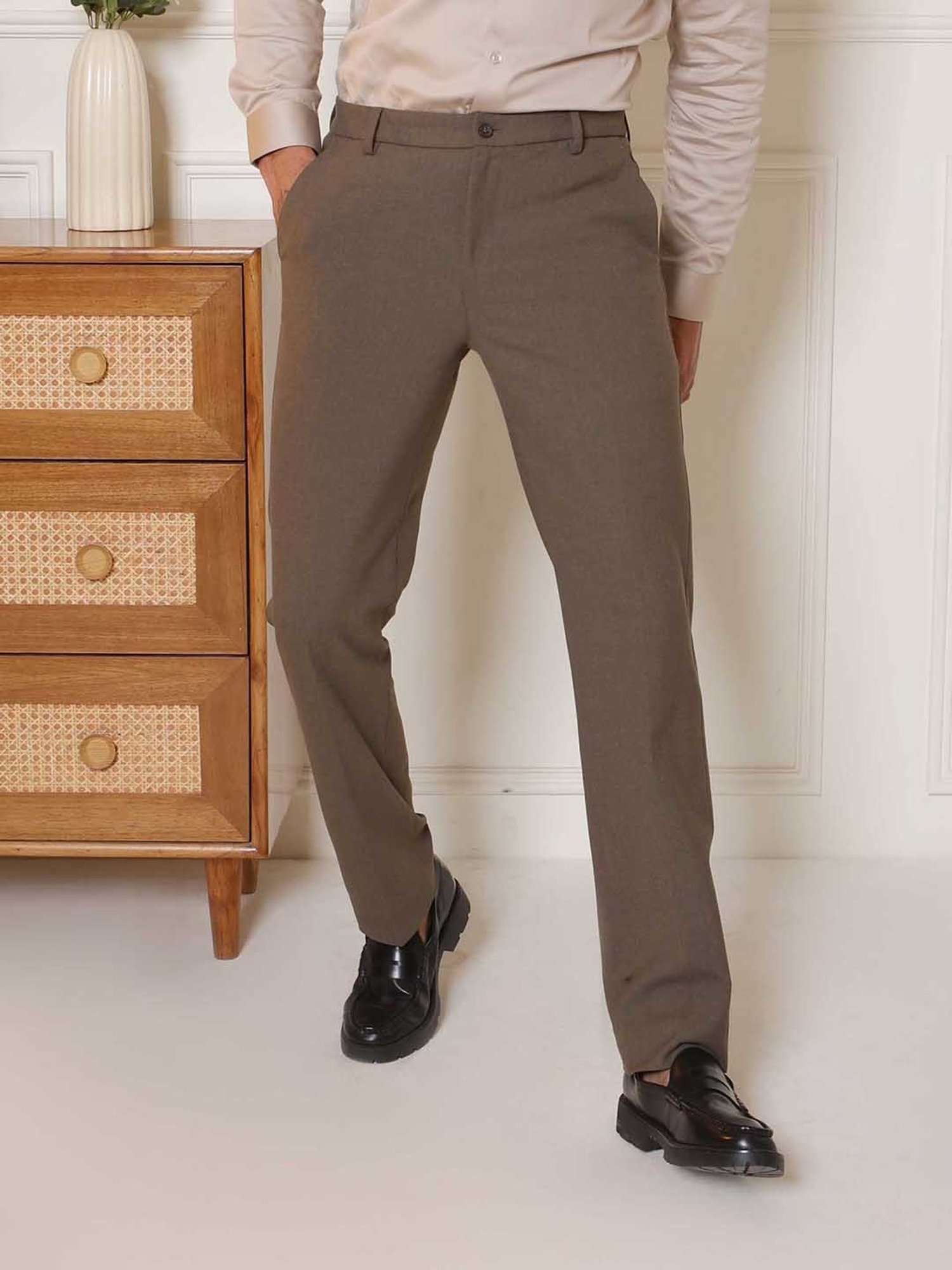 SUBTRACT Brown Slim Fit Flat Front Trousers