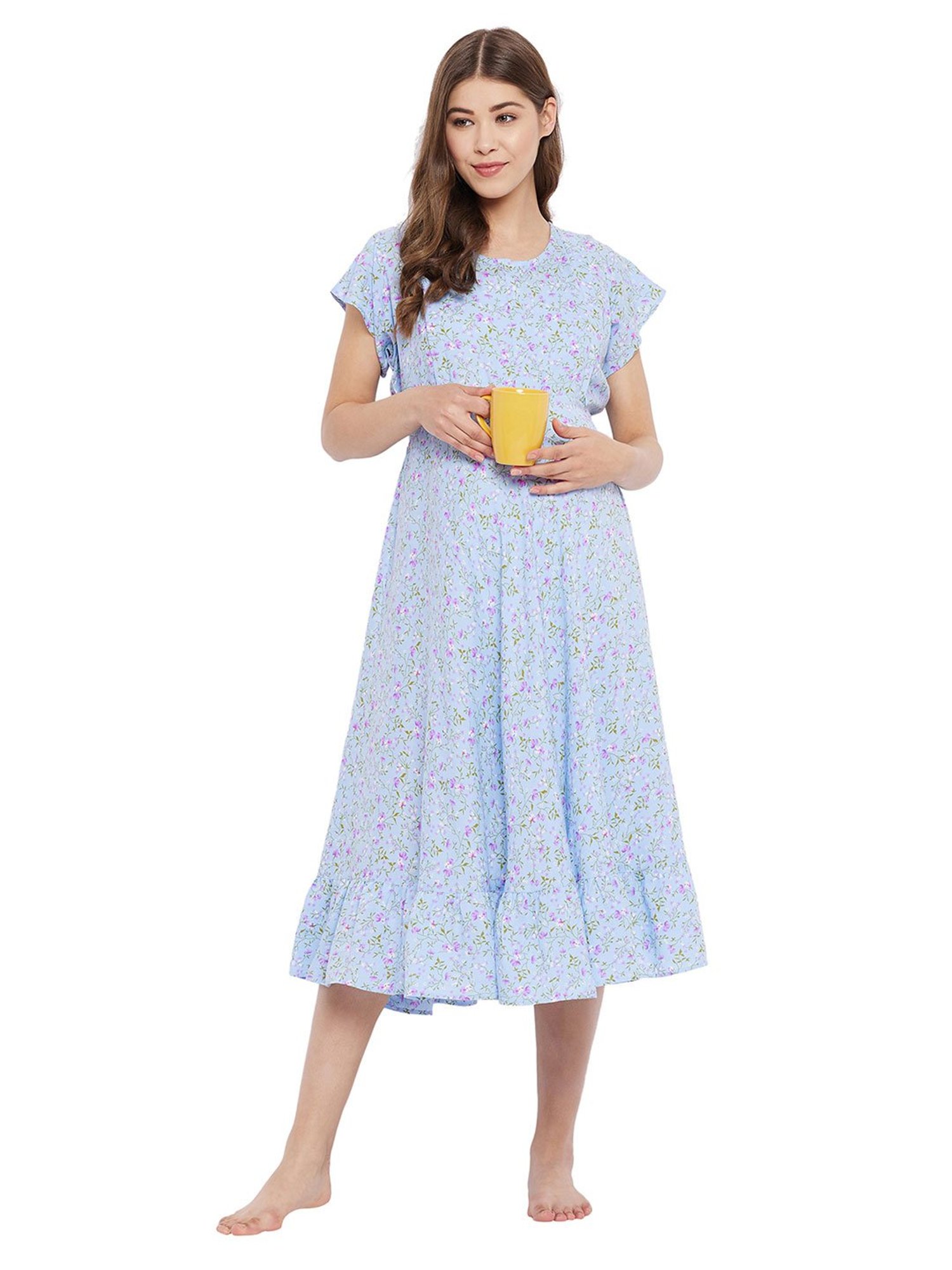 Hypernation Blue Floral Print Maternity Night Dress