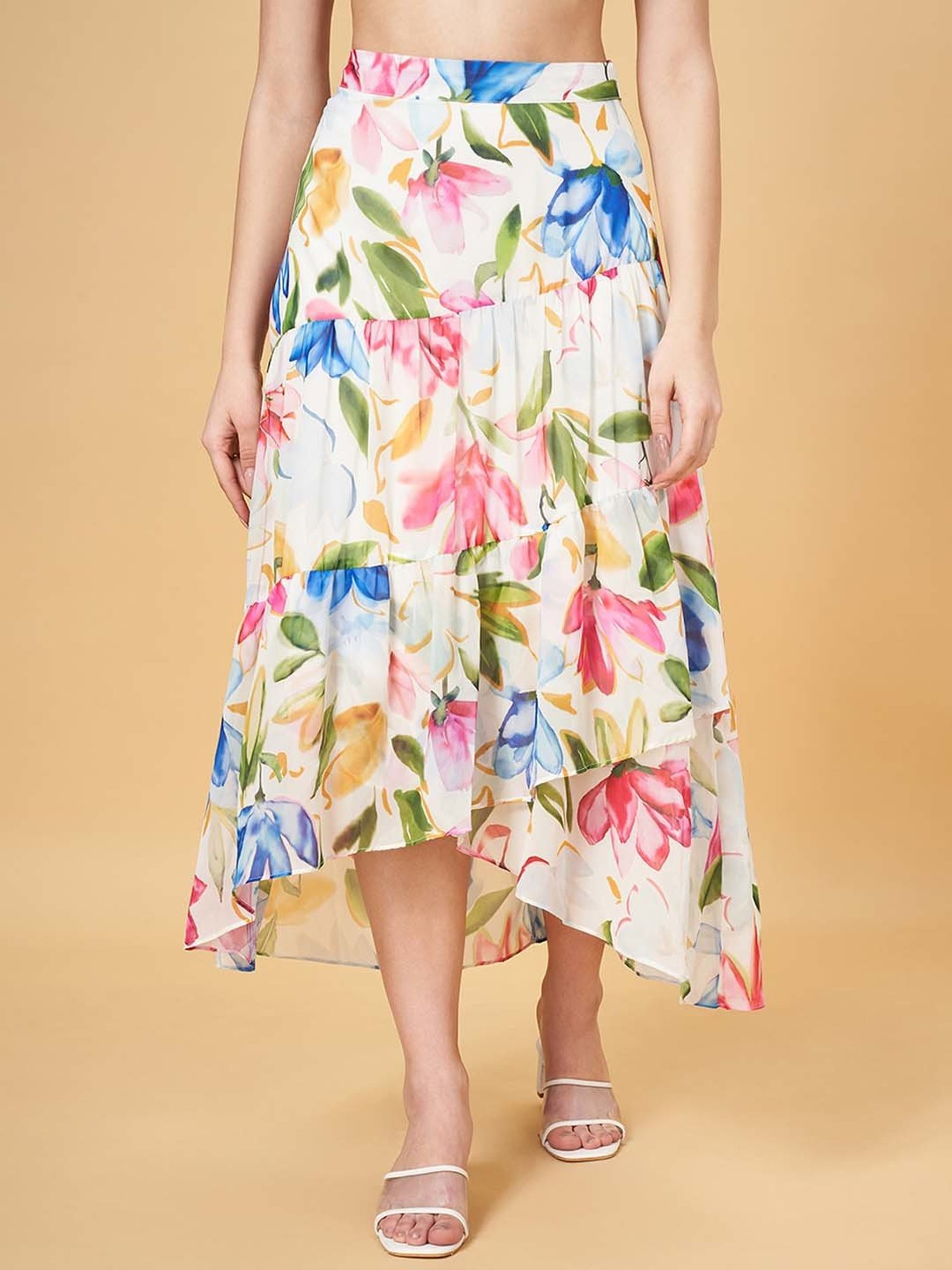 Honey by Pantaloons White Floral Print High-low Skirt